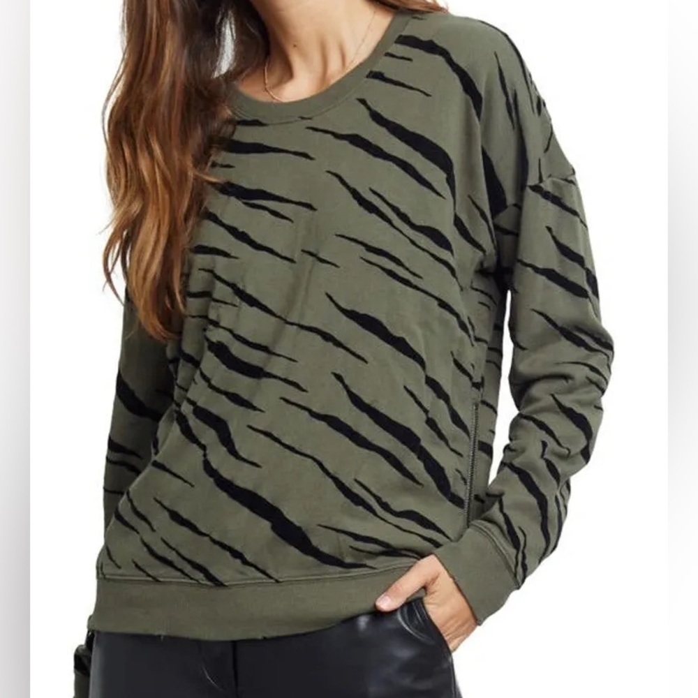 Rails Marlo Olive Flocked Tiger Side Zip Distressed Hem Sweatshirt Size S